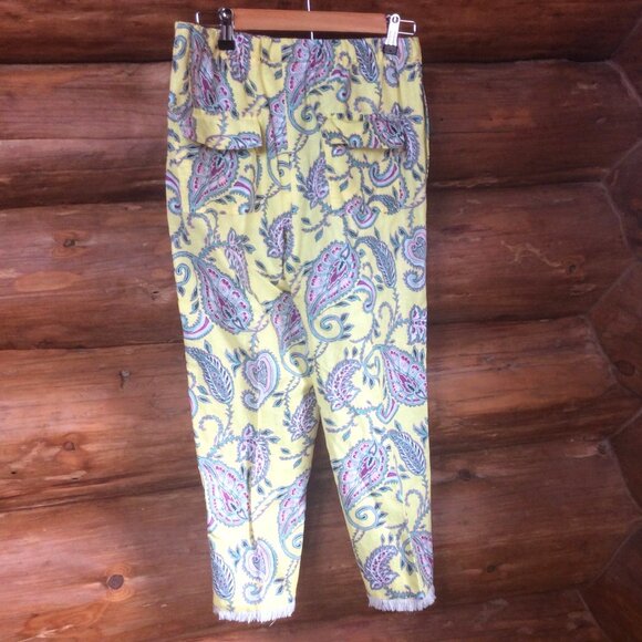 Zara Yellow Linen Blend Paisley Lounge Cropped High Rise Trousers Size Medium - Picture 2 of 4